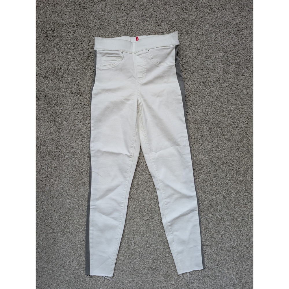 Spanx Jeans Women Size S White Cotton Blend Grey Side Stripe Ankle Skinny Jeans